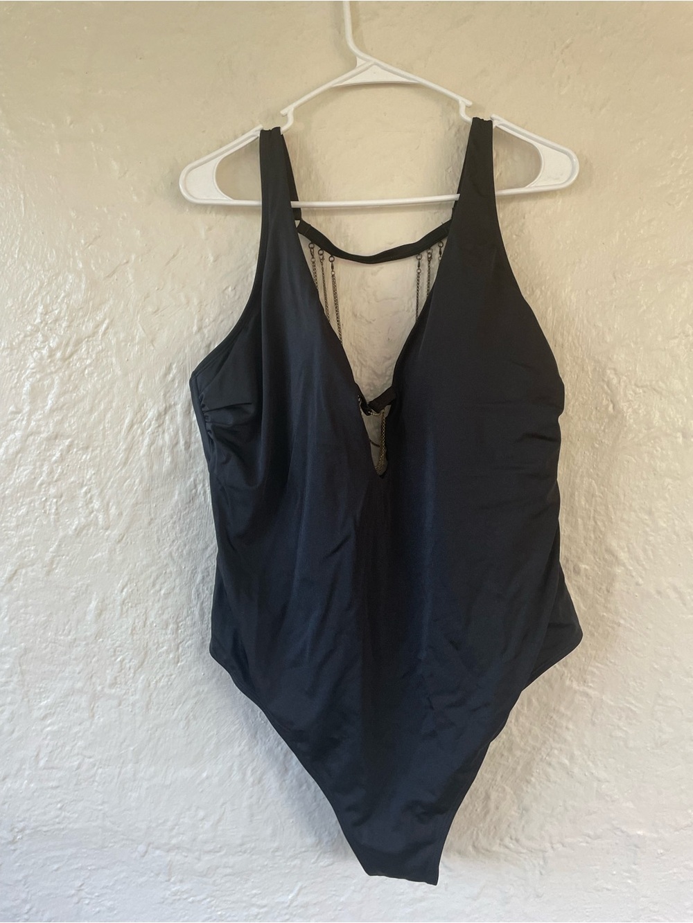 Swimsuits for All X Ashley Graham black strappy swimsuit, gold fringe detail; 22